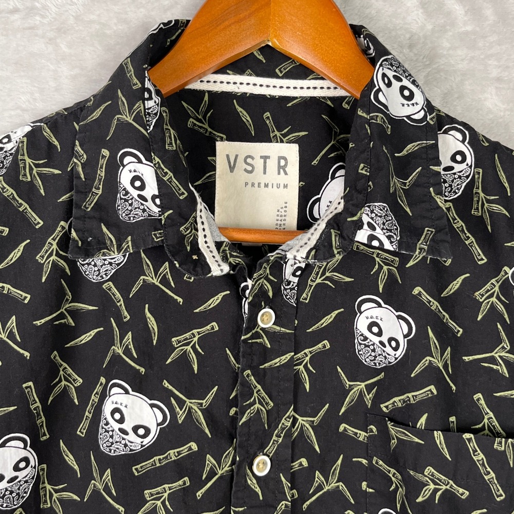 VSTR Premium Mens Panda Bandana Bamboo Print Button Down Shirt Black Large